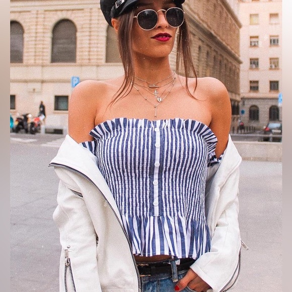 Lulus | Like You A Yacht Blue and White Striped Off-the-Shoulder Top XS - Picture 11 of 11